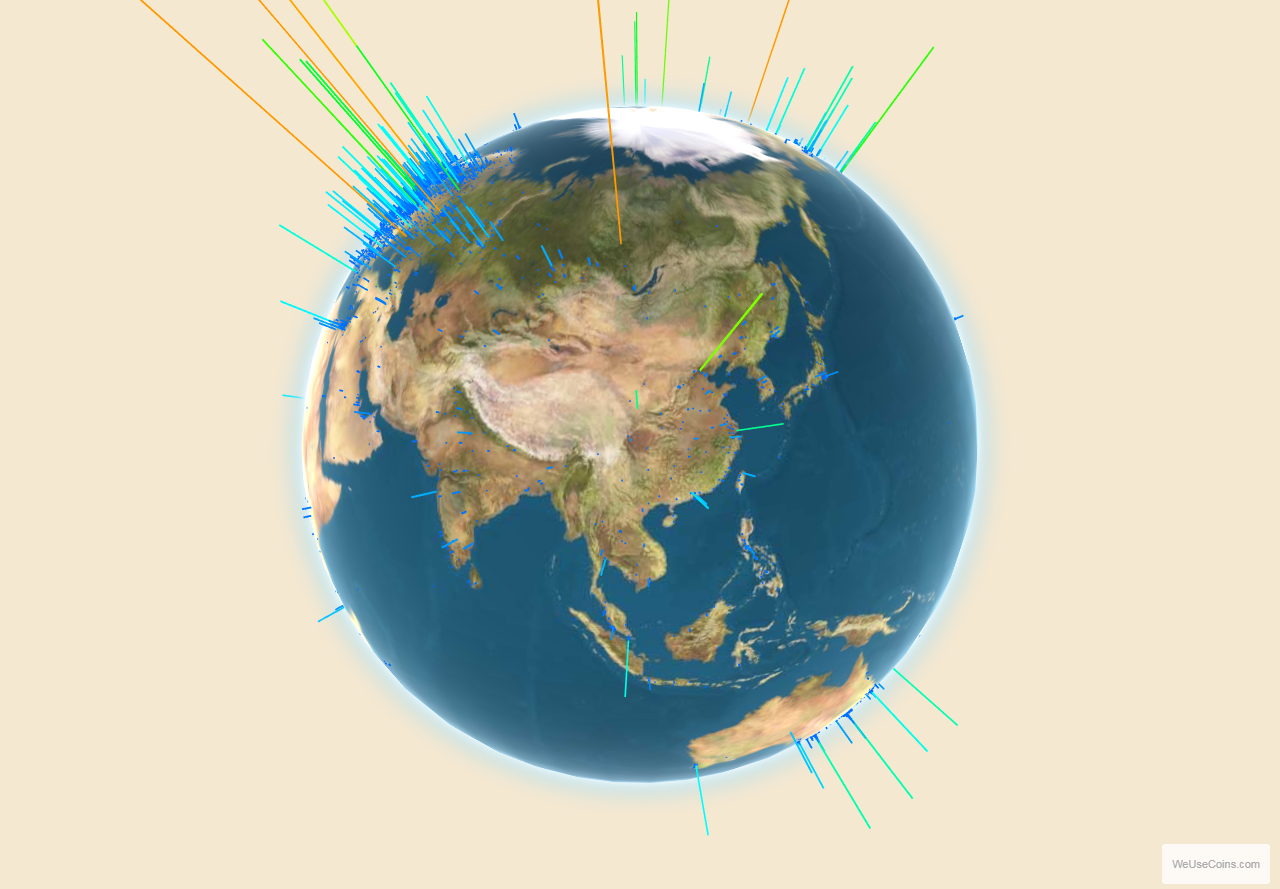 Bitcoin transactions beaming from the earth globe